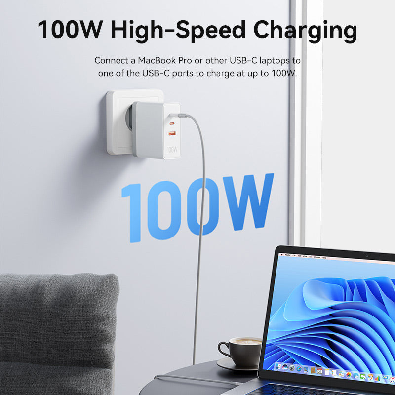 Vention 3-Port USB (C+C+A) GaN Charger (100W/100W/30W) EU-Plug