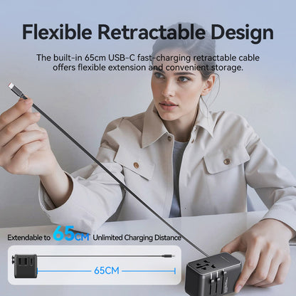 <tc>Vention</tc> 三端口 USB (C + A + A) GaN 通用旅行适配器 (65W/60W/5W)，内置 USB-C 数据线，黑色