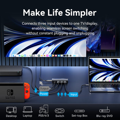 Vention 3 In 1 Out 8K HDMI™ Switcher Gray Aluminium Alloy Type