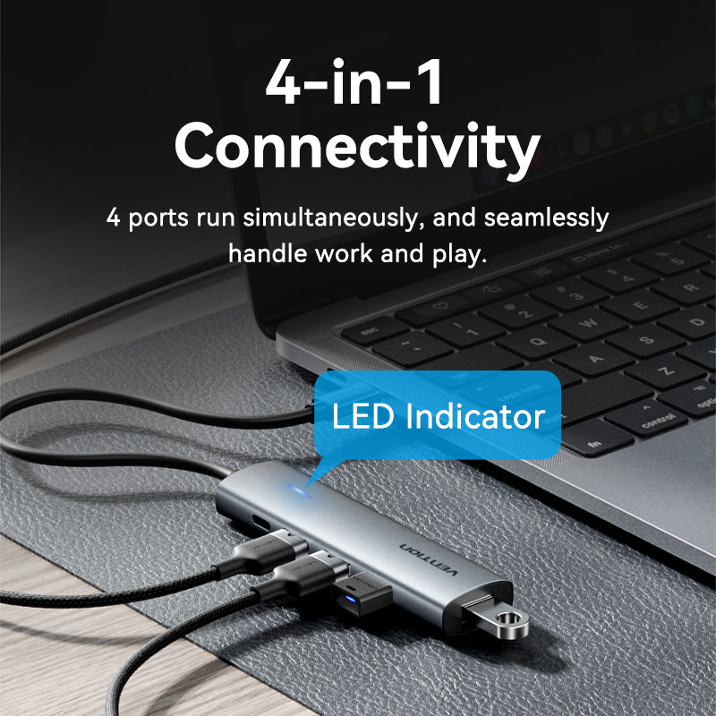 USB-C to USB 3.0*4/USB-C Hub 0.15M Gray Aluminum Alloy Type