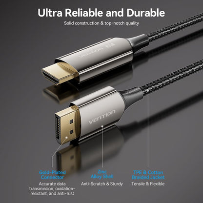 <tc>Vention</tc> 棉质编织 8K DisplayPort 公头转 HDMI 公头数据线 1.8M 黑色锌合金