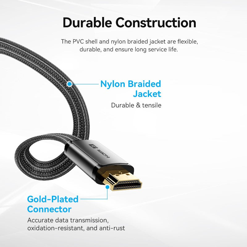 Câble Plat Nylon Tressé HDMI-A Mâle vers Mâle 8K HD 2M Noir