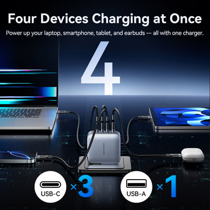 <tc>Vention</tc> Chargeur GaN 4 ports USB (C + C + C + A) (100 W/100 W/30 W/30 W) gris avec câble USB-C vers USB-C (1 m) noir et prise américaine