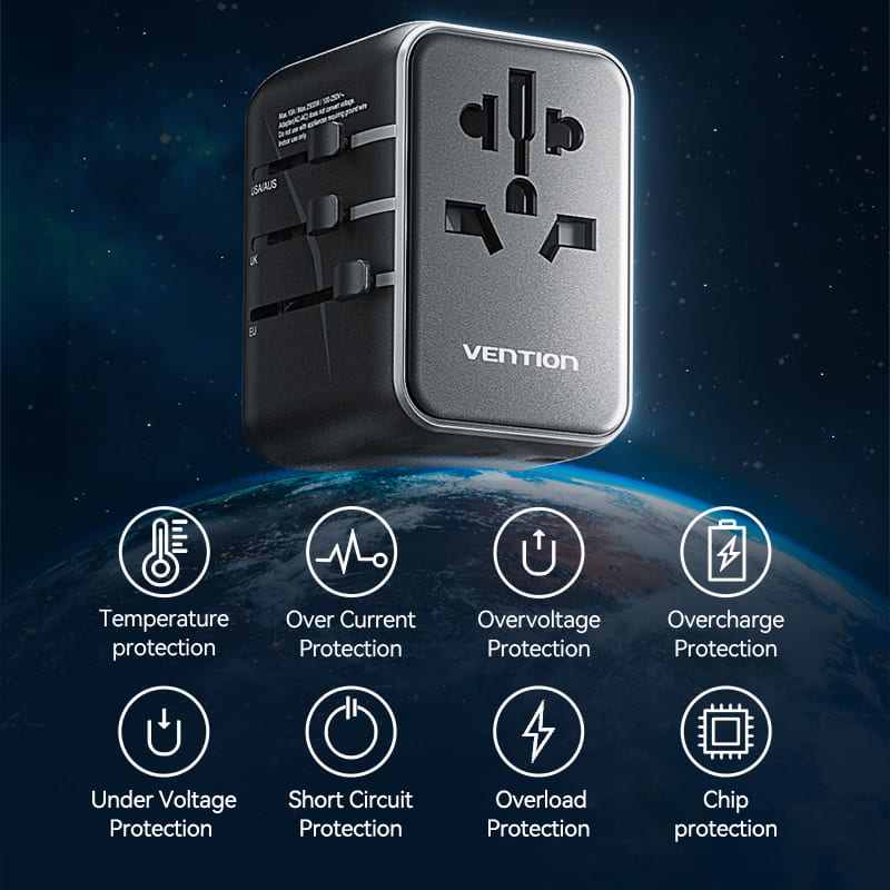 3-Port USB (C + A + A) Universal Travel Adapter (20W/18W/18W) Black