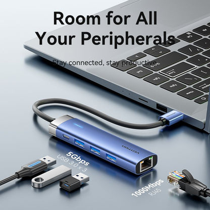 USB 3.0 to USB 3.0 x 3/RJ45/USB-C Hub 0.15M Blue Aluminum Alloy Type