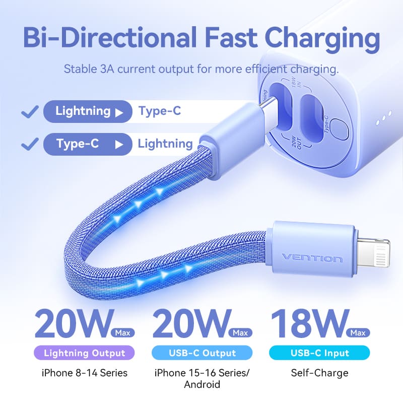 Bi-Directional Charging Cable 11CM for 5000mAh Power Bank (USB-C + Lightning) 20W  Light Indicator Display Type