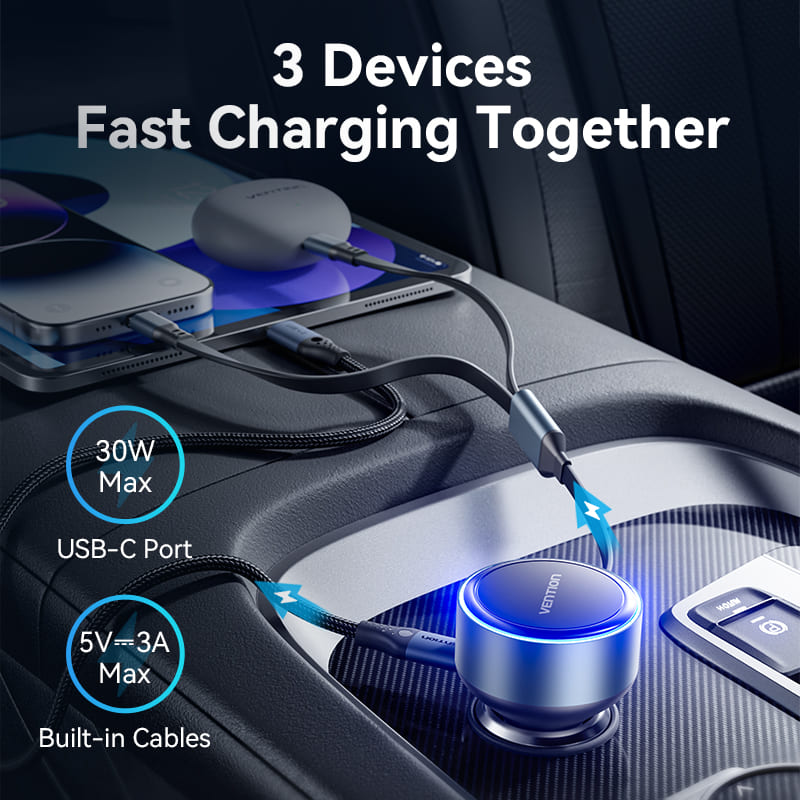 Three-Port USB-C + USB-C/Lightning (30W + 30W/27W) Car Charger