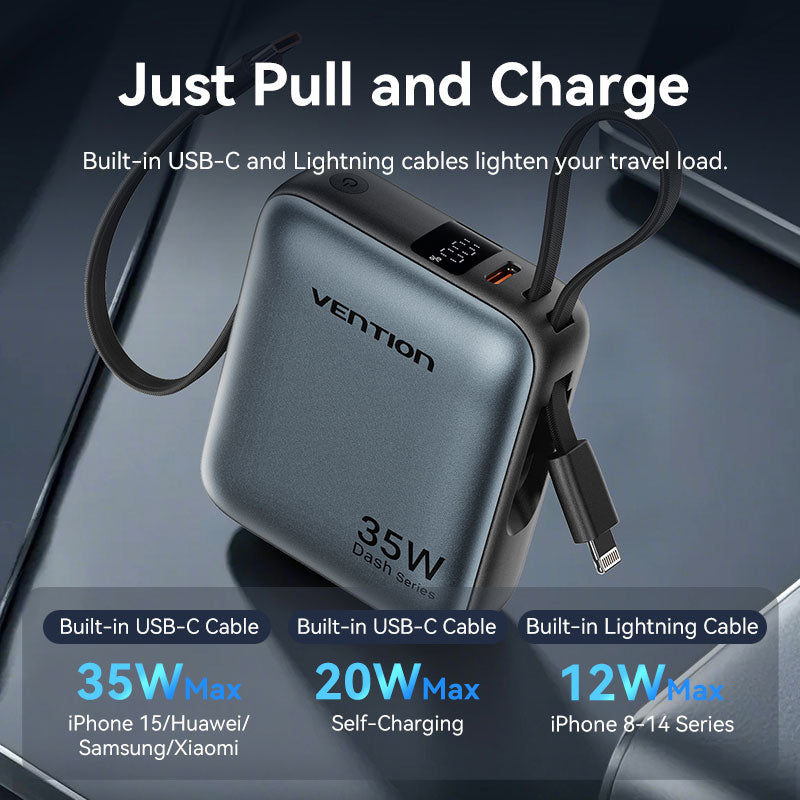 Vention 10000mAh Mini Power Bank (USB-C + USB-C/Lightning) with Built-in USB-C and Lightning Cables 35W Gray