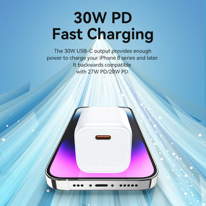 <tc>Vention</tc> Cargador GaN USB-C de 1 puerto y 30 W con enchufe europeo.
