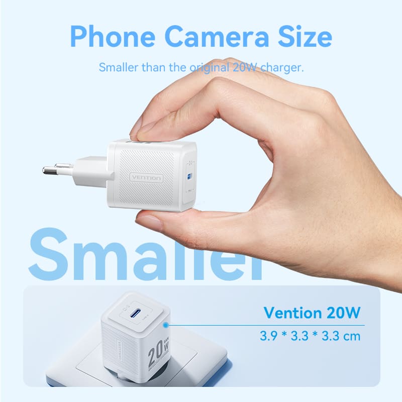 Vention 1-port USB-C GAN充电器20W，USB-C到USB-C有线1M EU-PLUG