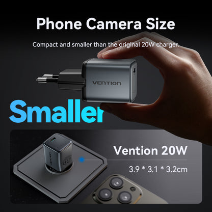Vention 1 Portlu USB-C GaN Şarj Cihazı (20W) Gri, USB-C - Lightning Kablosu (1M) Siyah AB Fişi ile birlikte