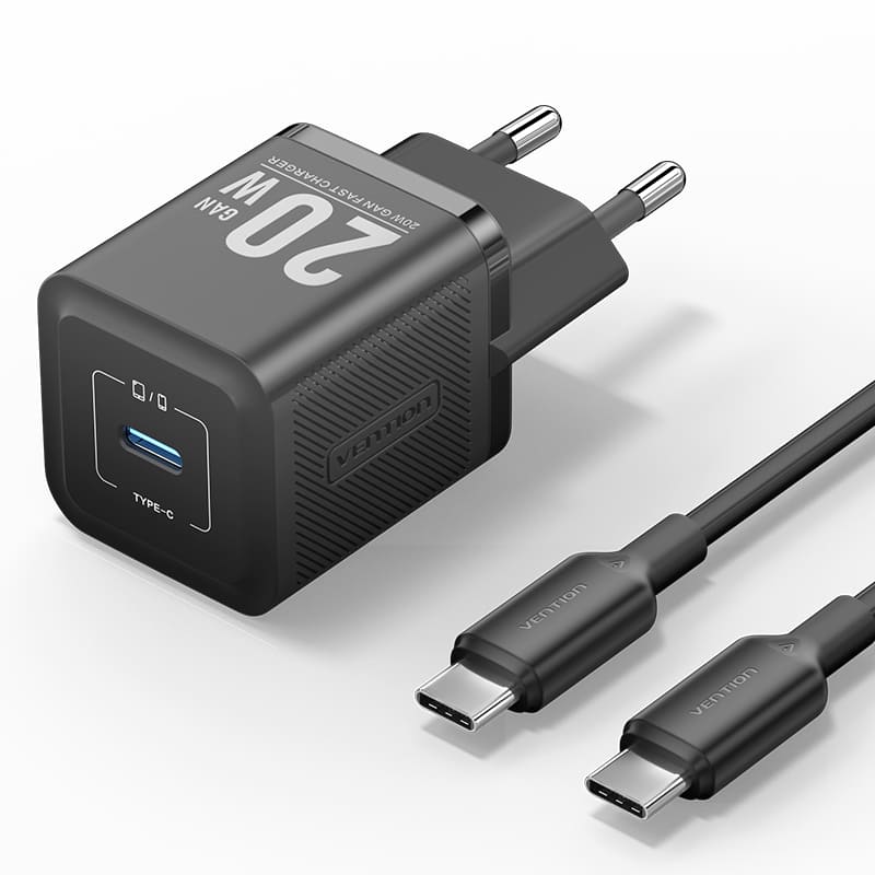 Vention 1-Port USB-C GaN Charger 20W with USB-C to USB-C Cable 1M EU-Plug