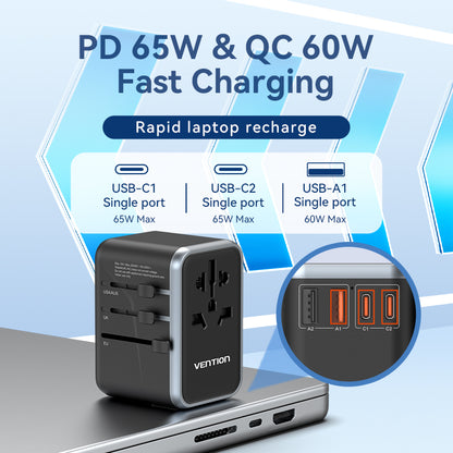 4-Port USB (C + C + A + A) GaN Universal Travel Adapter (65W/65W/60W/5W) Black