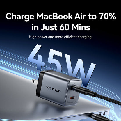 Vention 2-Port USB (C + C) GaN Charger (45W/45W) US-Plug Gray