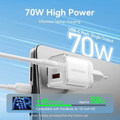 <tc>Vention</tc> Cargador GaN de 2 puertos USB (C + A) (70 W/22,5 W) Enchufe europeo Gris transparente