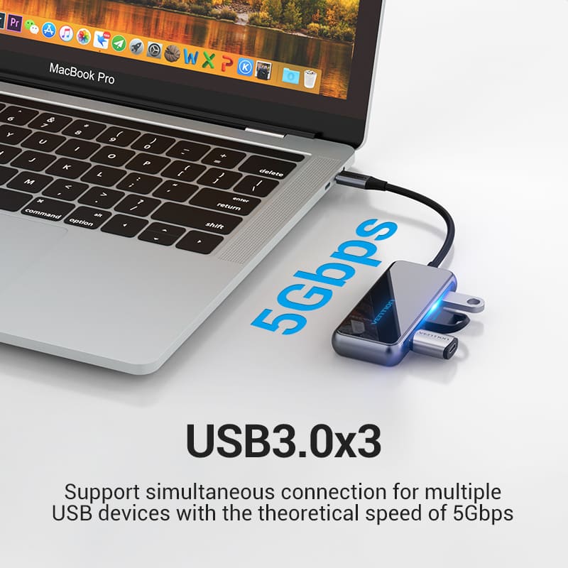 Station d'accueil multifonction USB-C vers HDMI/ USB3.0*3/RJ45/PD, Type de Surface miroir gris 0.15M