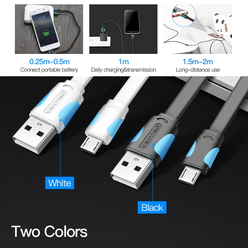 Flat USB2.0 A Male to Micro B Male Cable 0.5M Black