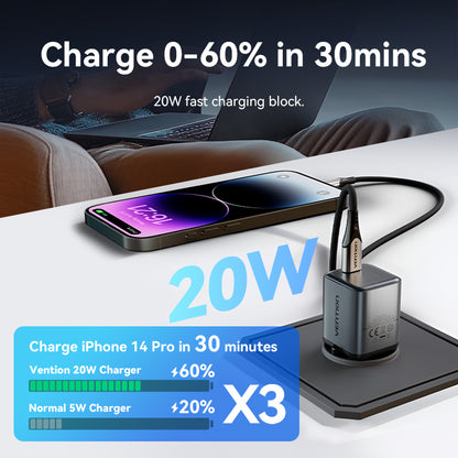 Vention 1 Portlu USB-C GaN Şarj Cihazı (20W) Gri, USB-C - Lightning Kablosu (1M) Siyah AB Fişi ile birlikte