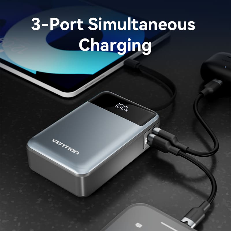 20000mAh Power Bank (USB-C + USB-C/USB-A) with Built-in USB-C Cable 65W Black LED Display Type