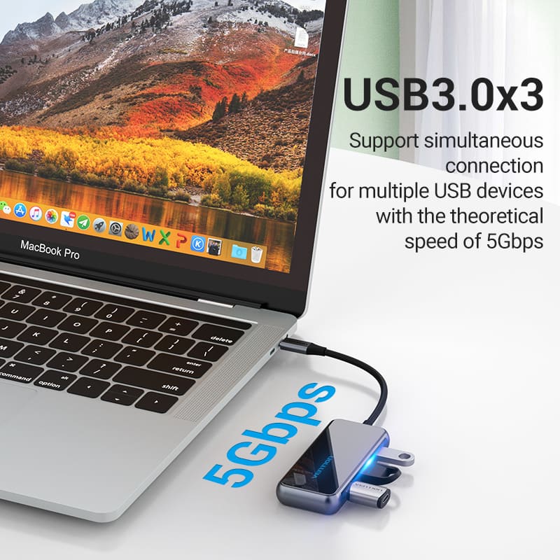 Multi-function USB-C to HDMI/ USB3.0*3/PD Docking Station 0.15M Gray Mirrored Surface Type