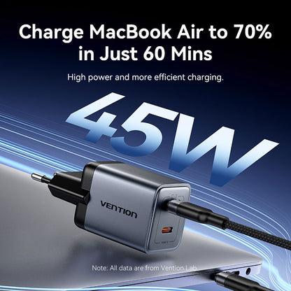 <tc>Vention</tc> 双口 USB (C + C) GaN 充电器 (45W/45W) 灰色，配 USB-C 转 USB-C 数据线 (1 米) 黑色欧标插头