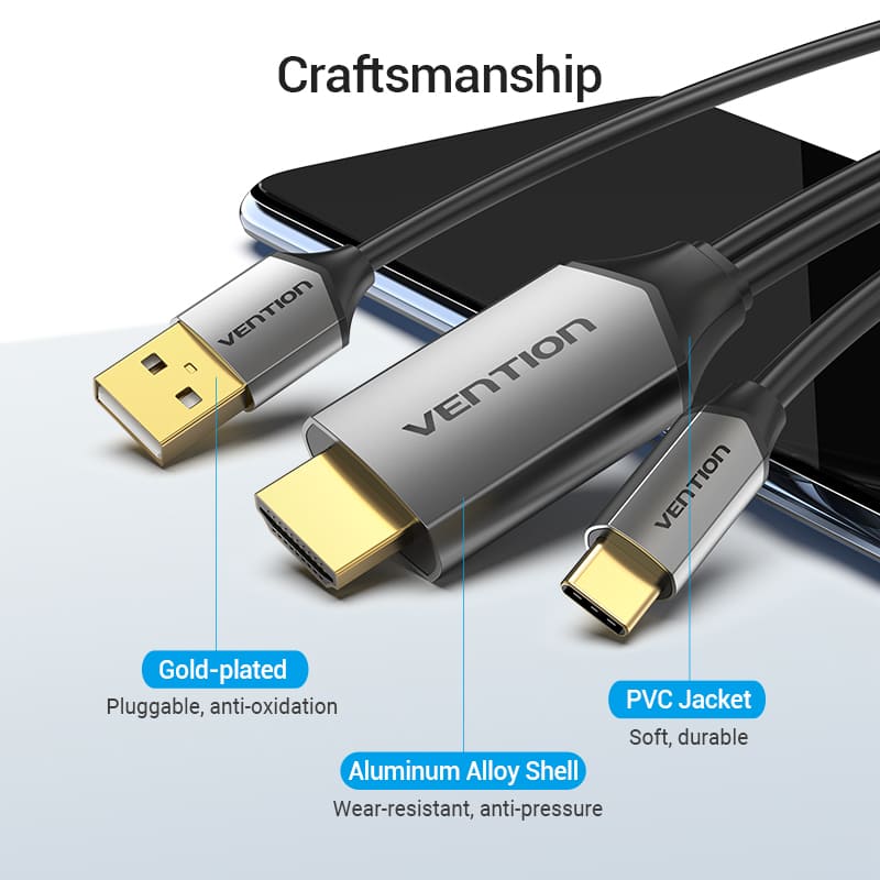 Type-C to HDMI Cable with USB Power Supply 1.5M Black Metal Type