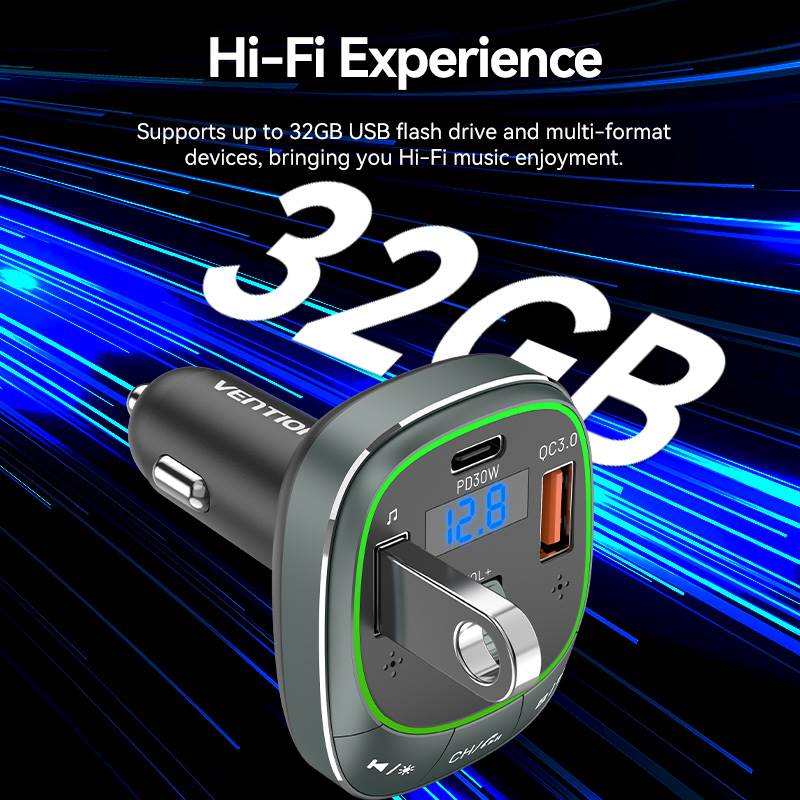 3-Port USB (C + A + A) Car Charger with FM Transmitter (30W/18W/5W) Black ABS Type