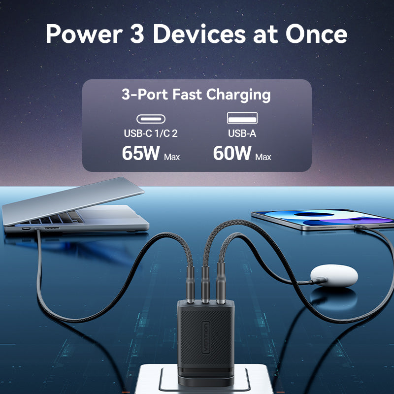 3-Port USB (C + C + A) GaN Charger (65W/65W/60W) UK-Plug