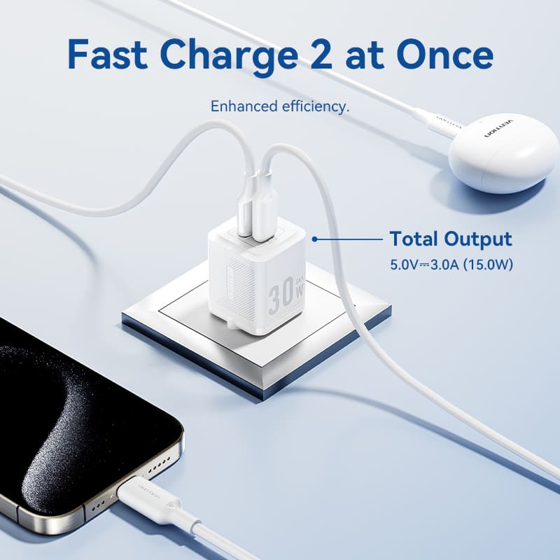 2-Port USB (C + A) GaN Charger (30W/30W) with USB-C to USB-C Cable