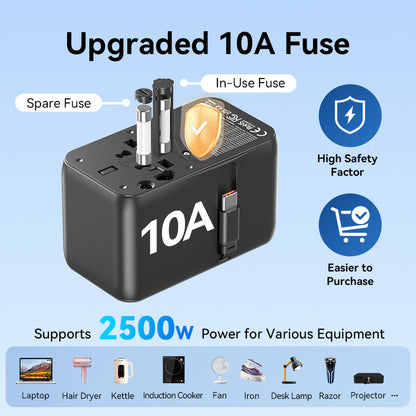 <tc>Vention</tc> 三端口 USB (C + A + A) GaN 通用旅行适配器 (65W/60W/5W)，内置 USB-C 数据线，黑色