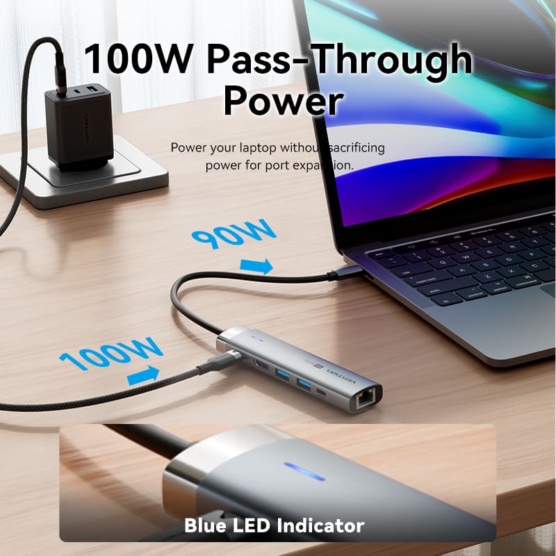 USB-C to HDMI/USB 3.2 Gen 1 Type-C/USB 3.0*2/RJ45/PD Docking Station 0.15M Gray Aluminum Alloy Type