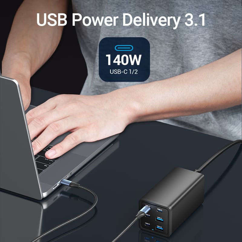 6-Port USB (C + C + C + C + A + A) Desktop GaN Charger (140W/140W/45W/20W/18W/18W) EU-Plug Black