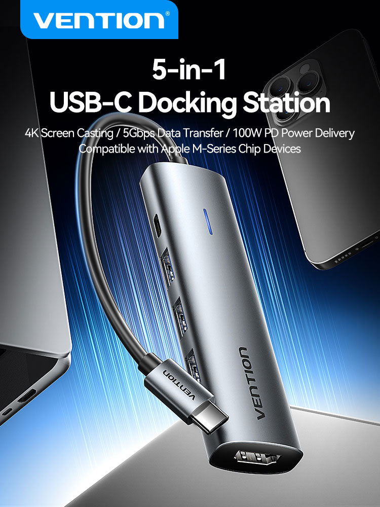 USB-C zu HDMI/USB 3.0*3/PD Docking Station 0,15 m grauer Aluminiumlegierungstyp