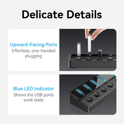 USB B 3.0 to USB 3.0 x7 Hub with Individual Power Switches and DC 5.5mm Power Adapter CN/UK/US/EU-Plug Black