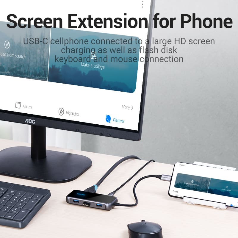 Multi-function USB-C to HDMI/ USB3.0*3/PD Docking Station 0.15M Gray Mirrored Surface Type