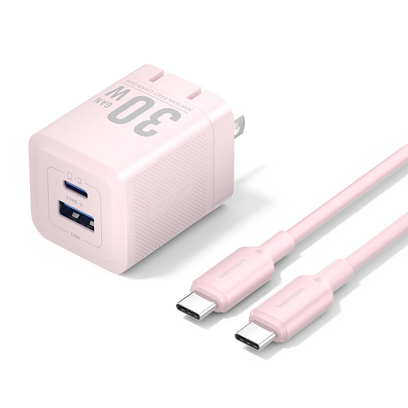 Vention 2-Port USB (C + A) GaN Charger (30W/30W) with USB-C to USB-C Cable (1M) US Plug