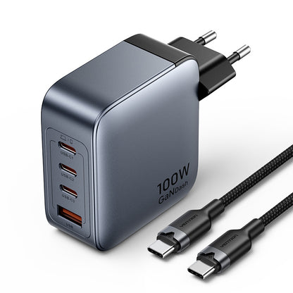 Vention 4-Port USB (C + C + C + A) GaN Charger (100W/100W/30W/30W) Gray with USB-C to USB-C Cable (1M) Black EU-Plug