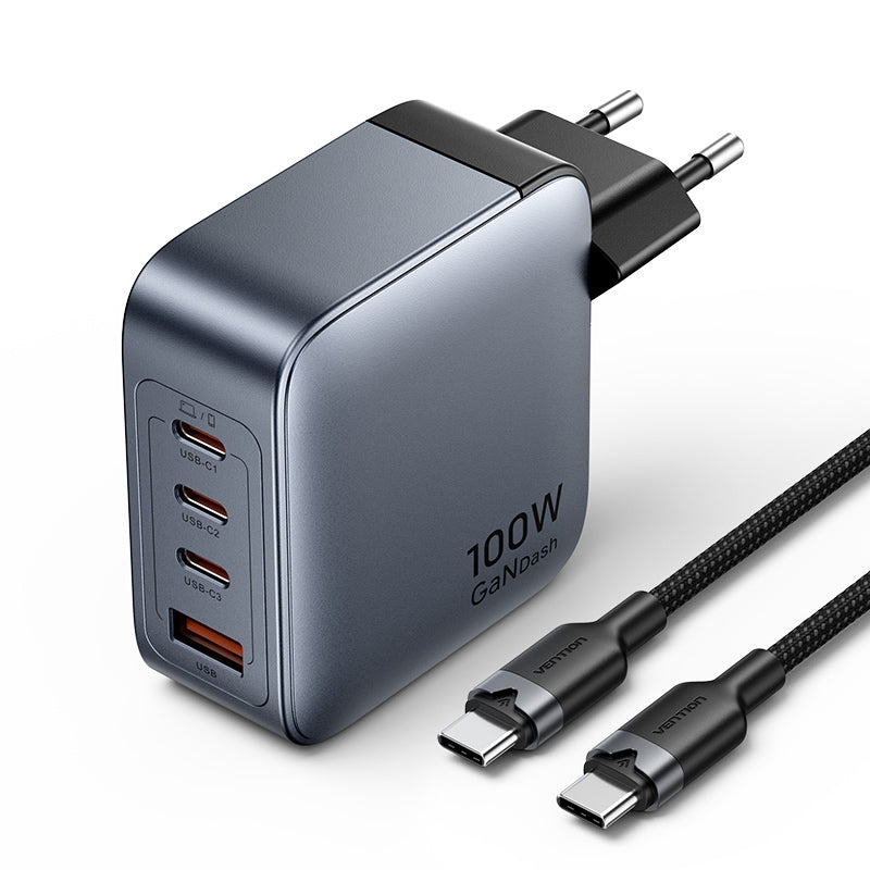 4-Port USB (C + C + A + A) Vention GaN Charger (100W/100W/30W/30W) Gray with USB-C to USB-C Cable (1M) Black EU-Plug