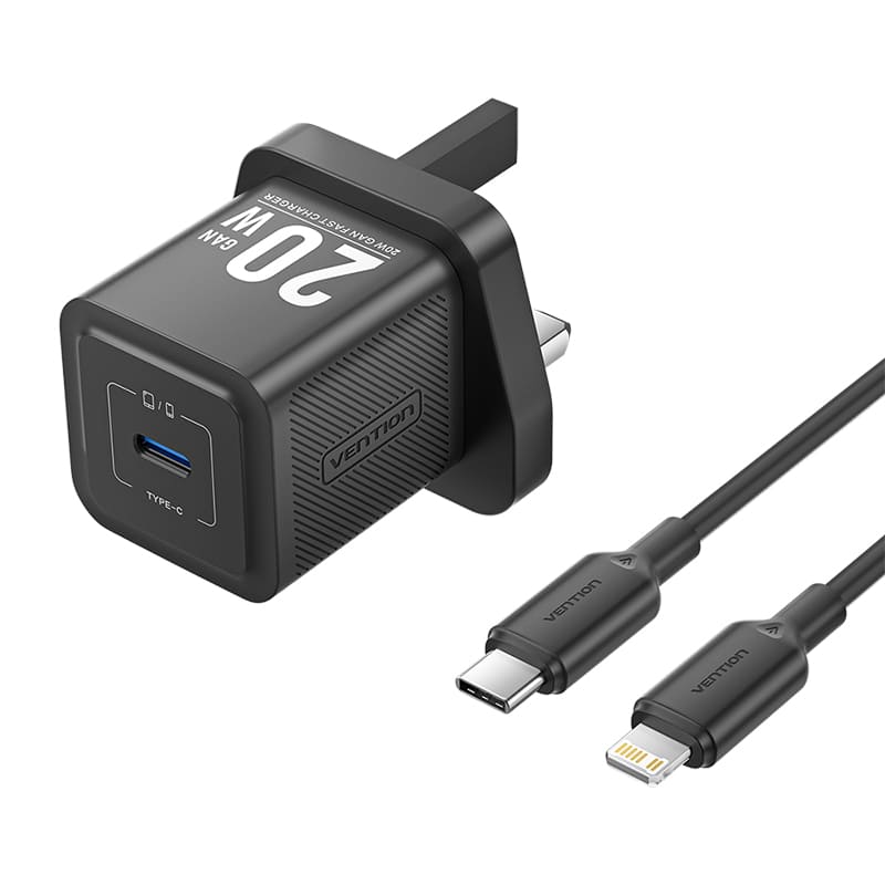 Chargeur GaN USB-C à 1 port (20 W) avec câble USB-C vers Lightning (1 M) Prise UK