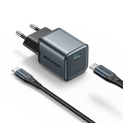 Vention 1 Portlu USB-C GaN Şarj Cihazı (20W) Gri, USB-C - Lightning Kablosu (1M) Siyah AB Fişi ile birlikte