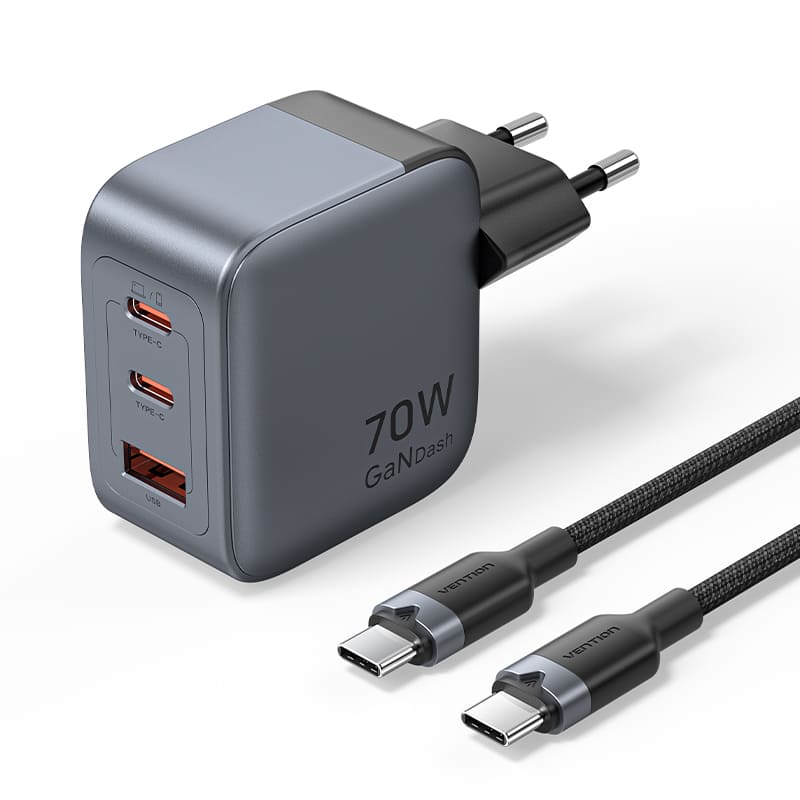 Vention 3-Port USB (C+C+A) GaN Charger (70W/70W/22.5W) Gray with USB-C to USB-C Cable (1M) Black EU-Plug