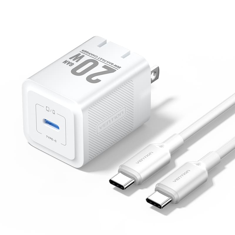 Chargeur GaN USB-C à 1 port (20 W) avec câble USB-C vers USB-C (1 M) Prise US