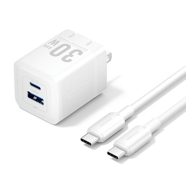 Vention 2-Port USB (C + A) GaN Charger (30W/30W) with USB-C to USB-C Cable (1M) US Plug