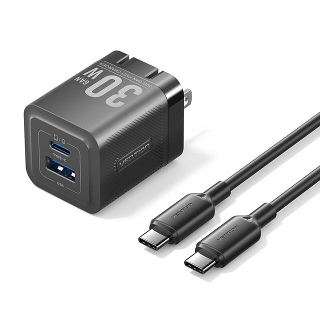 Vention 2-Port USB (C + A) GaN Charger (30W/30W) with USB-C to USB-C Cable (1M) US Plug