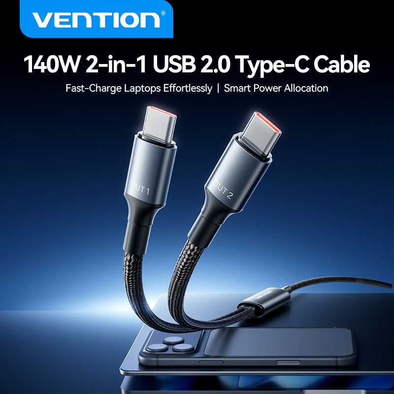 Vention USB 2.0 Type-C Male to 2 Type-C Male 5A Cable Black Aluminum Alloy Type