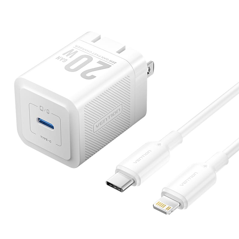 Vention 1-Port USB-C GaN Charger (20W) with USB-C to Lightning Cable (1M) US-Plug