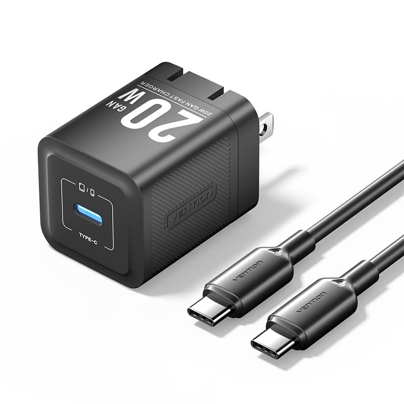 Chargeur GaN USB-C à 1 port (20 W) avec câble USB-C vers USB-C (1 M) Prise US