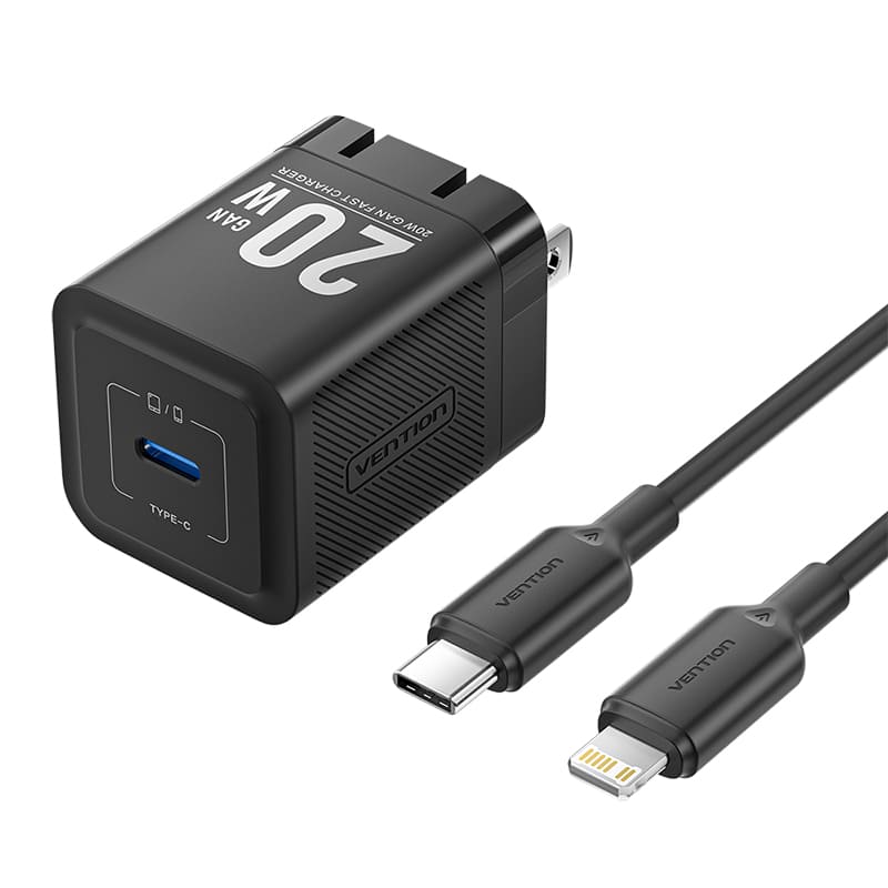 Chargeur GaN USB-C à 1 port (20 W) avec câble USB-C vers Lightning (1 M) prise US