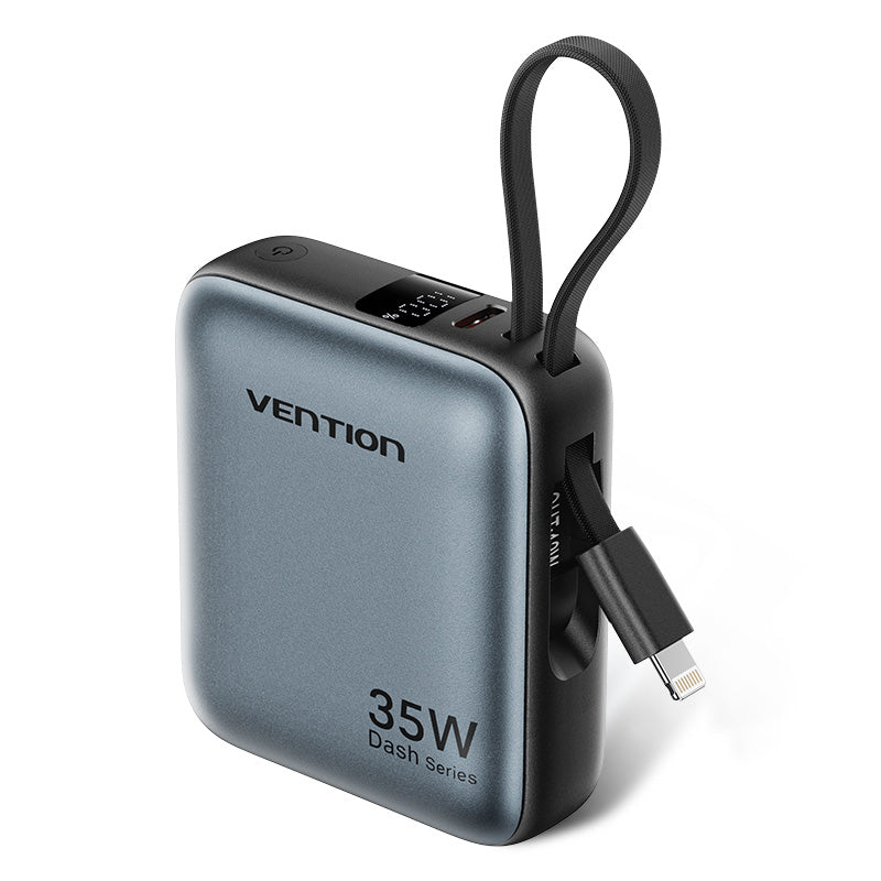 Vention 10000mAh Mini Power Bank (USB-C + USB-C/Lightning) with Built-in USB-C and Lightning Cables 35W Gray