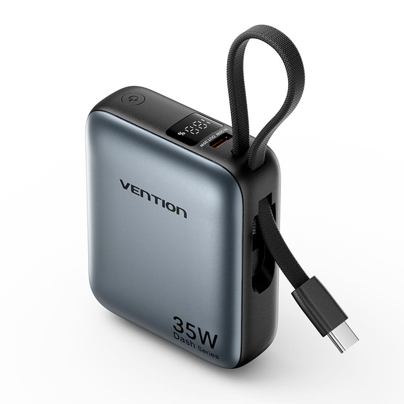 Vention 10000mAh Mini Power Bank (USB-C + USB-C) with Built-in USB-C Cable 35W Gray